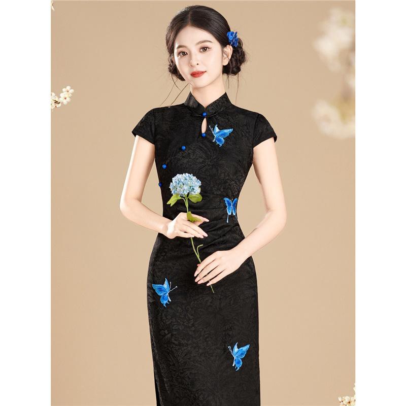 New Chinese-style improved cheongsam women's black Jiangnan spring butterfly embroidery retro national style daily dress dress women