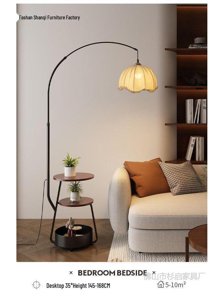 Antique-Style Floor Lamp with Integrated Coffee Table and Storage Rack