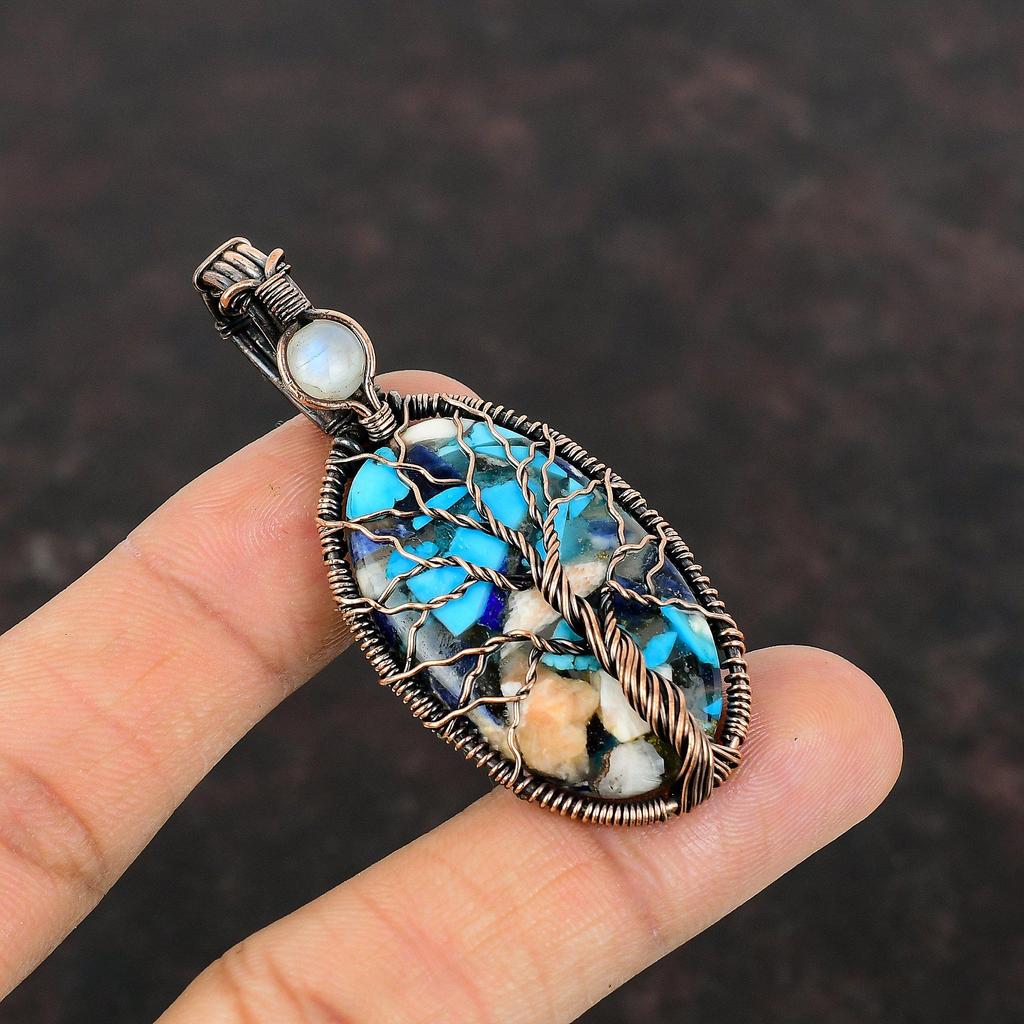 Tree Of Life Copper Blue Turquoise Pendant Copper Wire Wrapped Rainbow Moonstone Pendant Handmade Gemstone Jewelry Copper Pendant For Gift