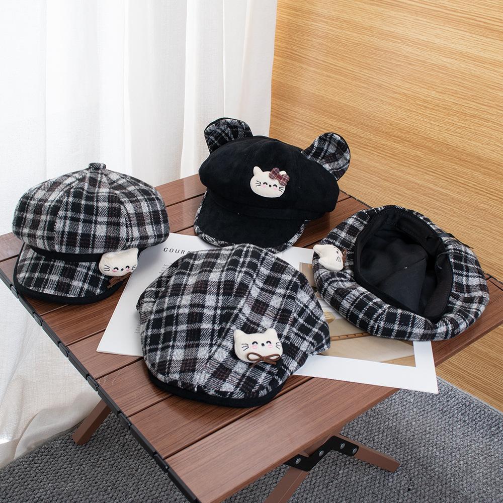 Cartoon plaid woolen octagonal hat female retro fashion versatile atmosphere show face small newsboy beret forward hat