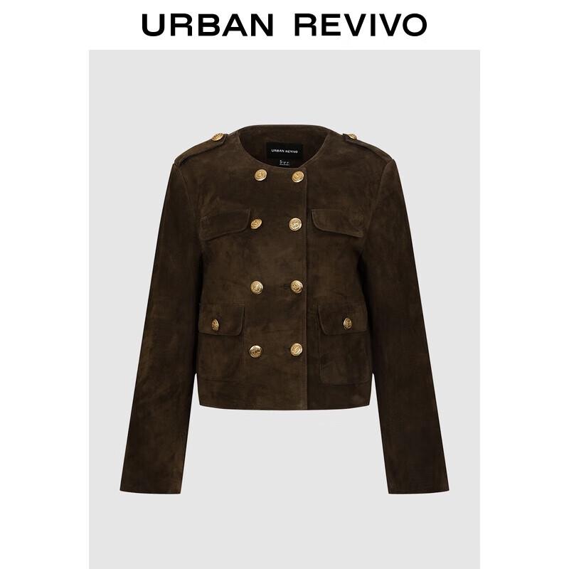 UR 2025 Autumn Women s Amber Luster Double-breasted Leather Jacket