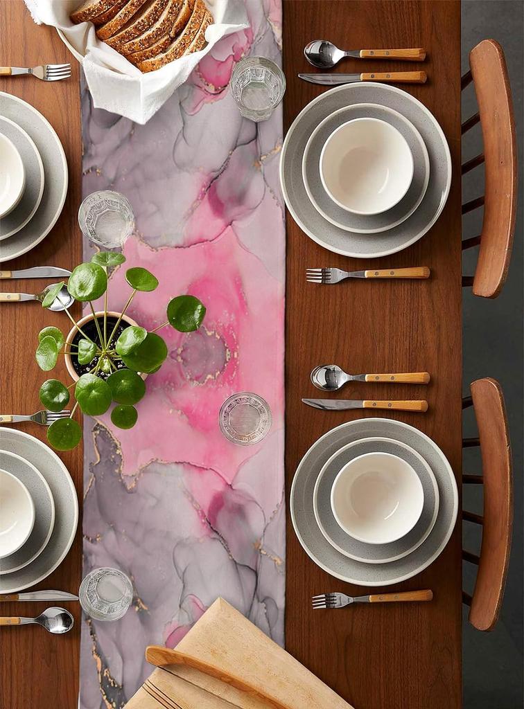Pink Marble Linen Table Runners Modern Abstract Geometric Grey Table Runner Washable Holiday Wedding Party Dining Table Decor