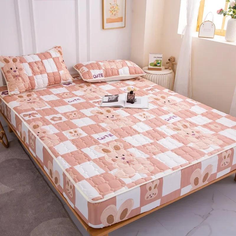 Thick Quilted Mattress Cover, Stitched Bed Linen, Printed Bedding, Large Non-Slip Bed Sheet, Dust Cover Without Pillowcase