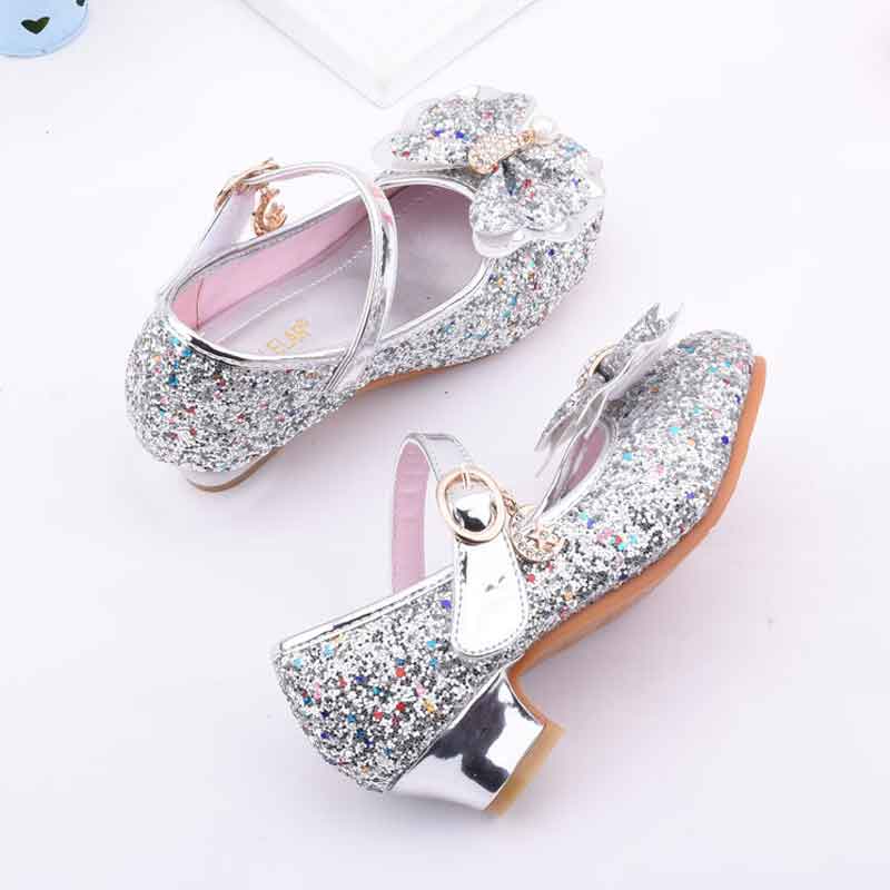 Princess Girls Shoes Party Dance Show Single Leather Shoes Bowtie Sequins Crystal Sandals Western Boutique Children'S High Heels