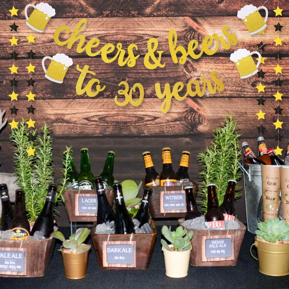 Cheers & Beers to 30 Years Gold Glitter Banner - 30th Birthday Decorations for Him/Her - 30th Birthday Gifts - 30 Years Anniversary Decorations -