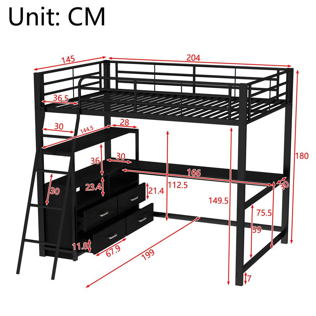 Kinderbett Hochbett 140x200 Metall, L-Desk, 4 Schubladen, Regal, Lattenrost, (ohne Matratze)