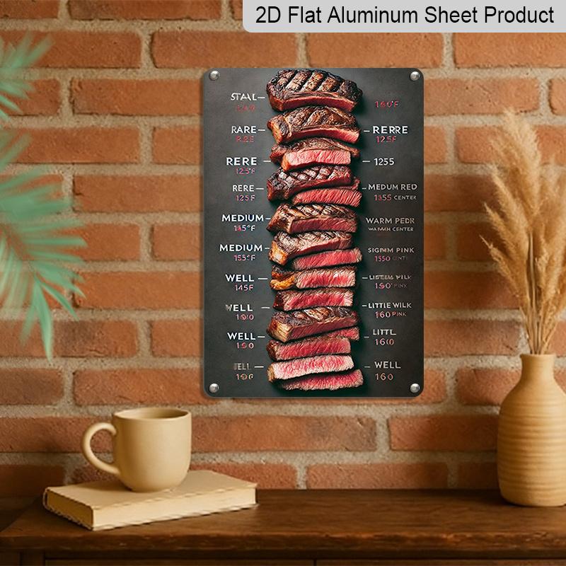 2D Flat, Vintage Beef Doneness Chart Metal Sign - Steak Guide with Rare, Medium Rare, Medium, Medium Done - Aluminium Retro Wall Art Suitable for