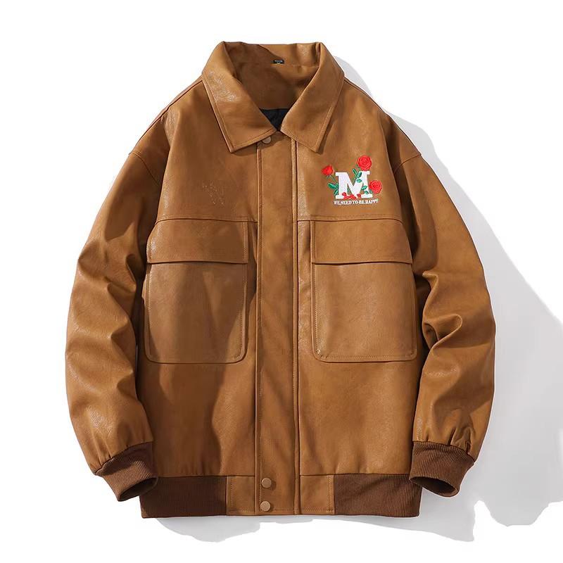 Autumn New Style Lapel Big Pocket Workwear Leather Jacket Men's Pu Large Size Youth Top Jacket