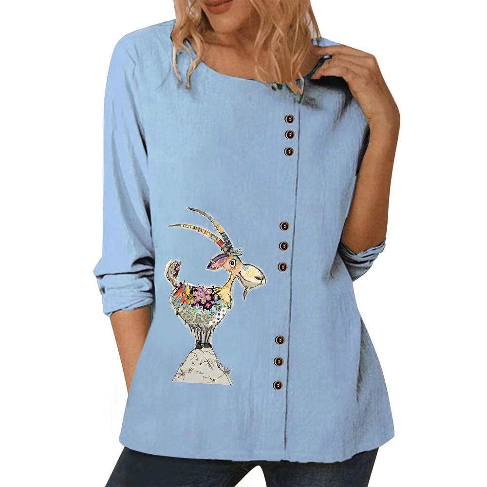 Ladies' Blue Casual Top with Chic Personality Prints, Round Neck, Short Sleeves, and Button Decorations In Sizes S-5XL