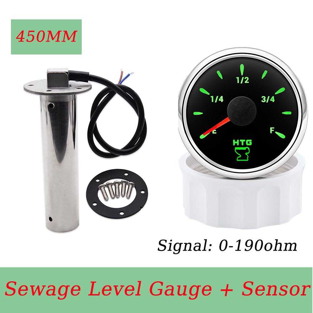 52mm Car Boat Sewage Level Gauge + Sewage Level Sensor Stainless Steel 0-190ohm 100-500MM Holding Tank Meters  9-32v Universal