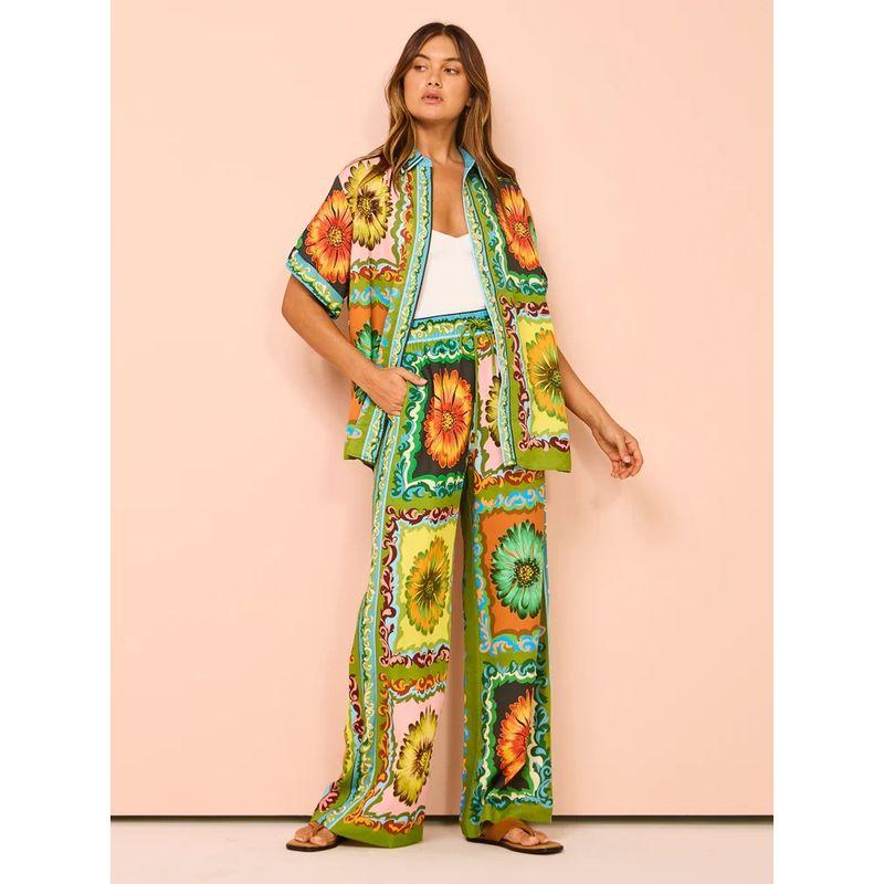 

Fashion Stylish Print Short Sleeve Travel Outfit Loose Tether Suit Flower color S