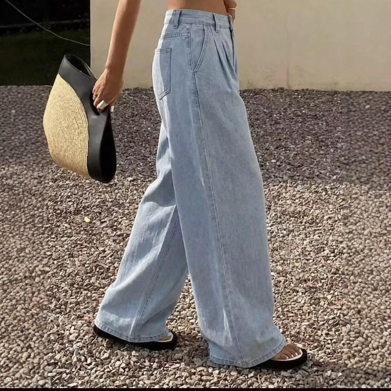 Light Blue Washed Pleated Wide Leg Jeans High Waist Loose Straight Trousers Women Streetwear 2026
