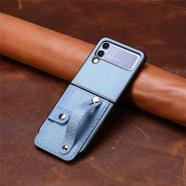 For Samsung Z Flip 4 Portable Wristband Carbon Fiber Case For Samsung Galaxy Z Flip 4 5 5g Flip4 Zflip4 Card Holder Bag