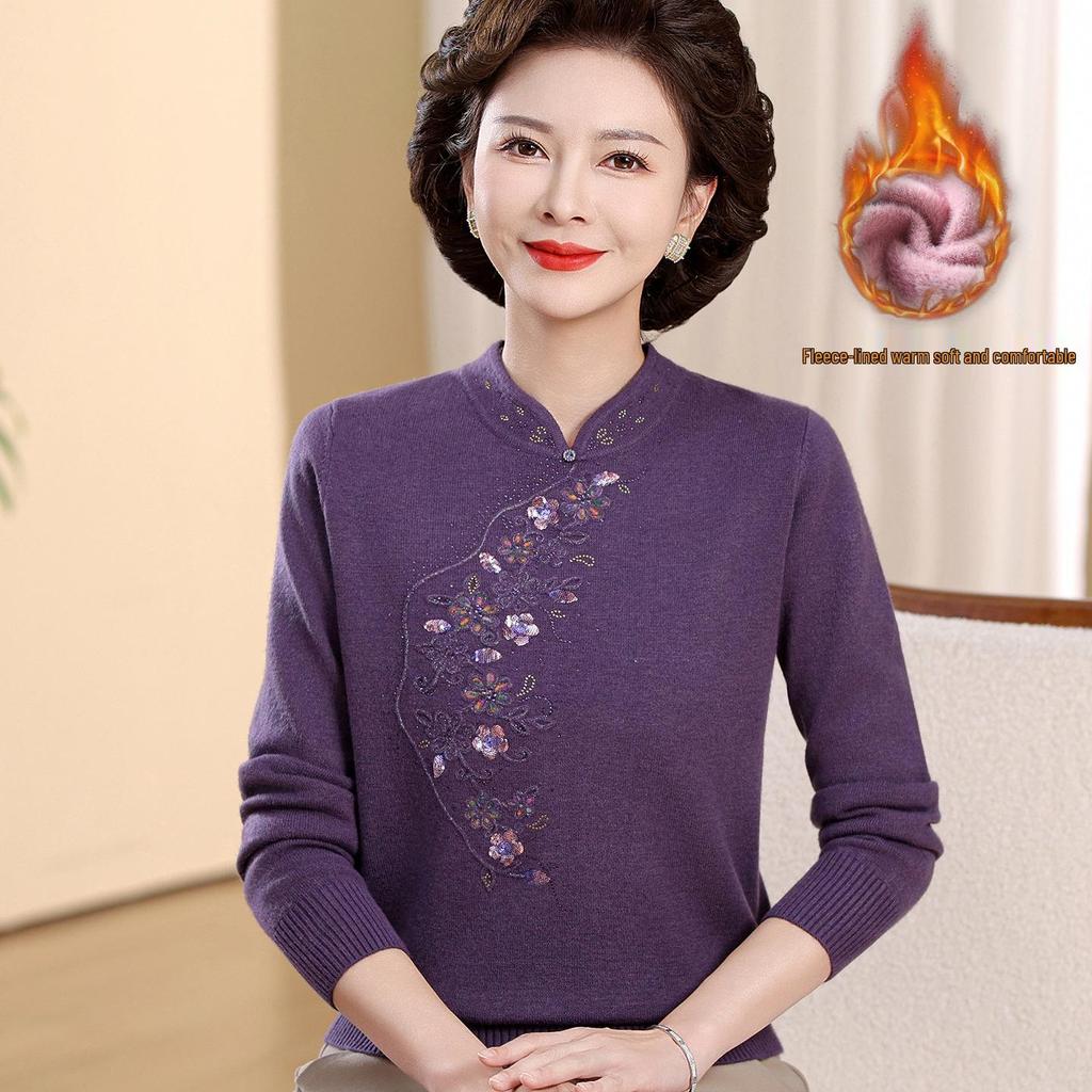 New Chinese Style Warm Fleece-Lined Qipao Collar Sweater for Middle-Aged & Elderly Women