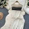 Set de vară pentru femei, casual, cu pulover tricotat în dungi și pantaloni, din două piese, topuri pulover fără mâneci și costum cu pantaloni cu picior lat