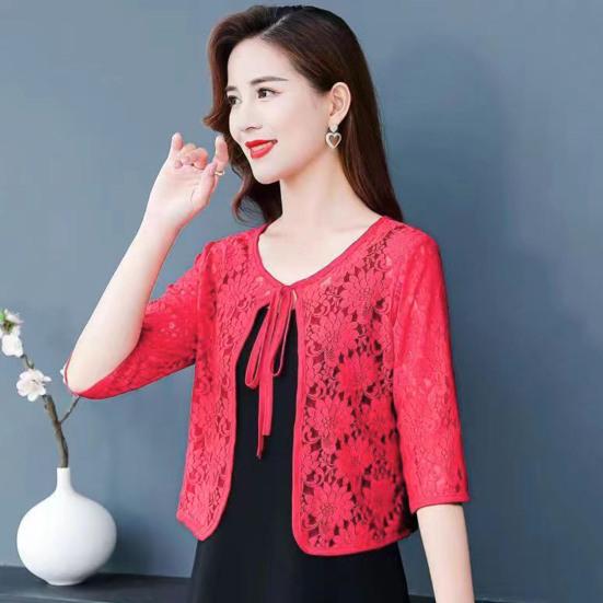 Cappotto da Donna Autunno Primavera Allacciato Ricamo Floreale Tinta Unita Scialle Maniche a Tre Quarti Largo Traforato Pizzo Girocollo Tipo Corto Protezione Solare