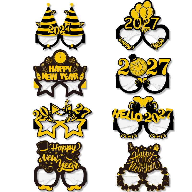 2027 Happy Year Party Paper Glasses 8Pcs Black Gold Glitter For Years Eve Gatherings Po Booth Props