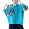 2025 Spring Butterfly Print Ruched Nine-Sleeve Cardigan: Chinese Style Buttoned Top for Moms