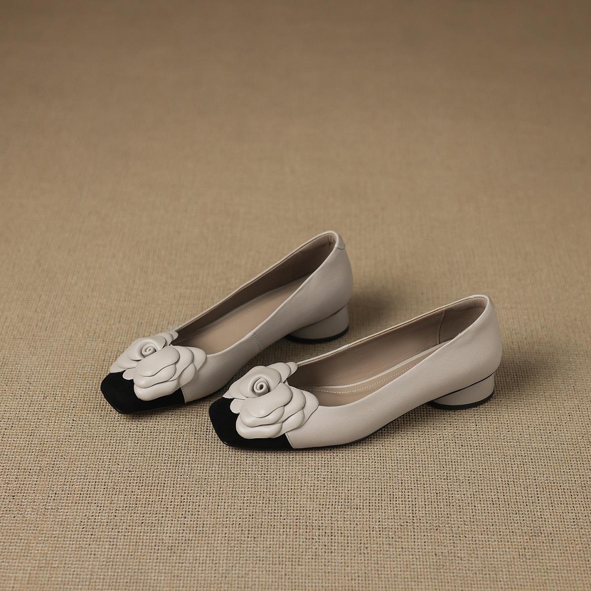 Camellia small fragrant wind shallow mouth soft sole commuting is not tired feet thick heels single shoes 35