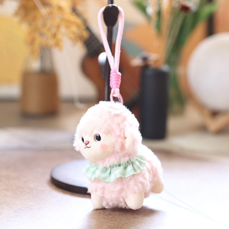 Cute Fluffy Lamb Plush Toy Soft Fuzzy Fabric Plaid Ruffle Collar Home Decor Ornament for Kids Birthday Party Gift