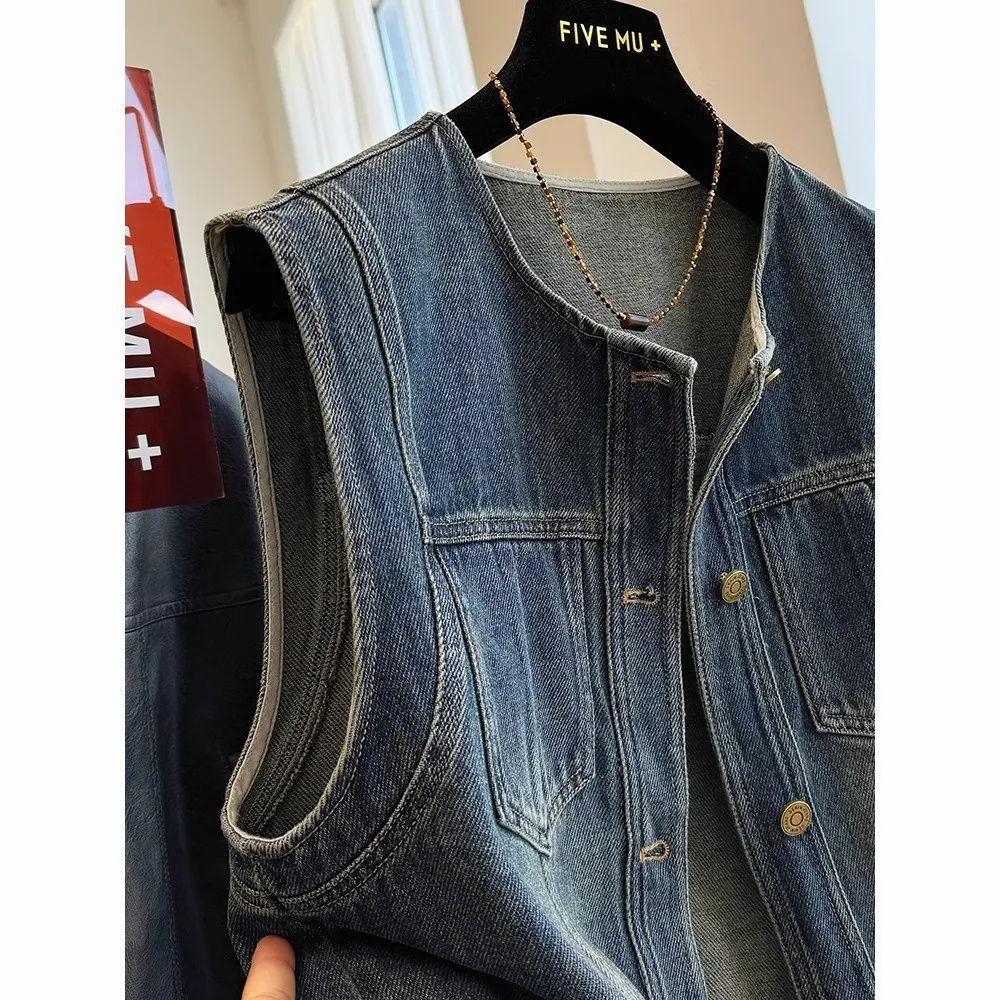 Women's Round Neck Sleeveless Denim Vest Loose Fit Vintage Washed Casual Waistcoat Top