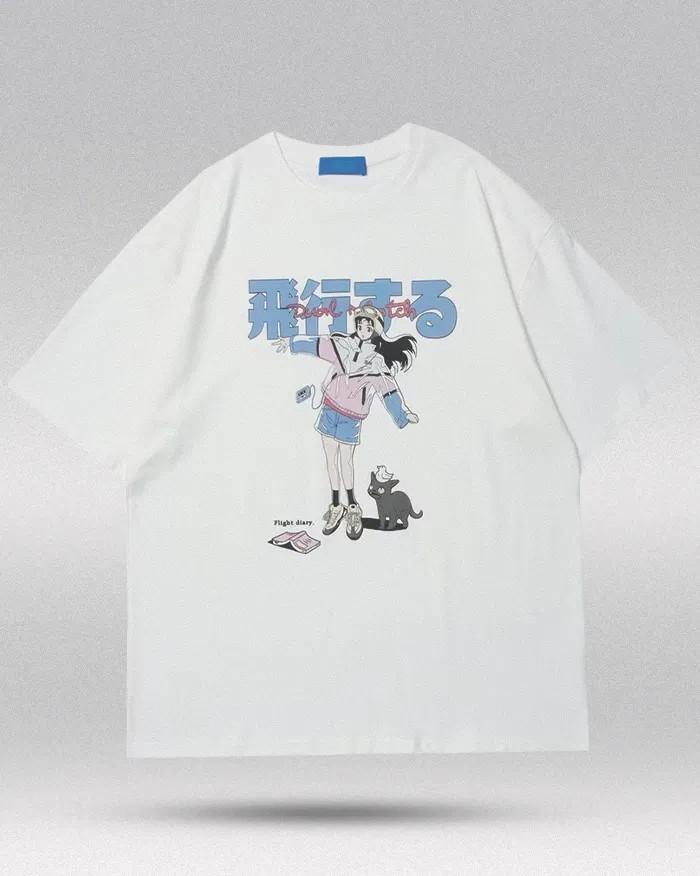 White Oversized T-Shirt Kawaii Anime Girl Black Cat Japanese Kanji Flight Diary