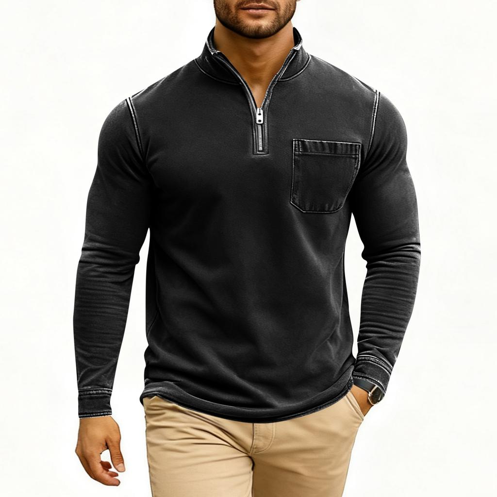 Men's Fashion Solid Color Retro Casual Washed Outdated Quarter Zipper Pocket Long Sleeve T-shirt Top