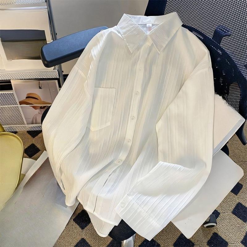 

Solid Color Women s Shirt Striped Design Turndown Collar Single Breasted Pocket Famale Thin Shirts Summer Loose Casual Ladies Long Sleeved Top XL білий