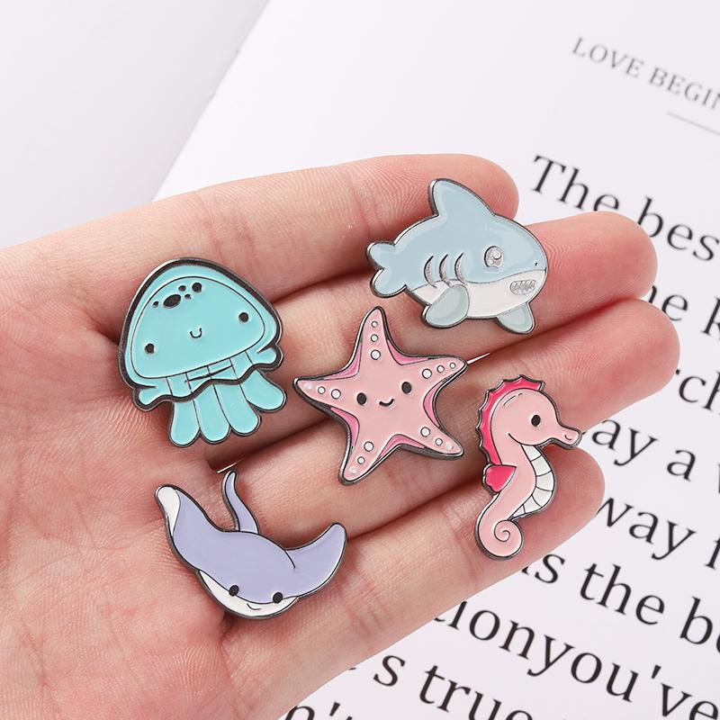 Starfish Shark Octopus Enamel Pins Sea Ocean Animal Brooches Cute Kawaii Cartoon Bag Hat Lapel Pin Badge Gift for Girl Boys