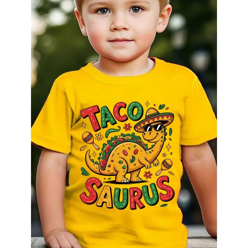 European Size Summer Boys Stylish Short Sleeve Taco Saurus Dinosaur Themed Print Outdoor Casual Top