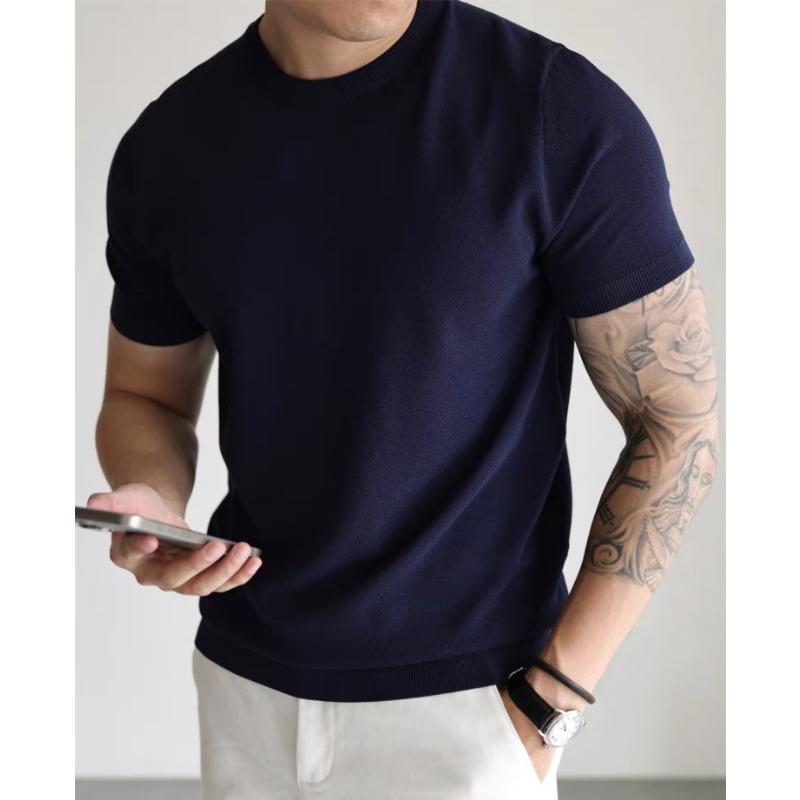 Men Short Sleeve Knit T Shirt Crew Neck Solid Color Slim Fit Casual Breathable Top