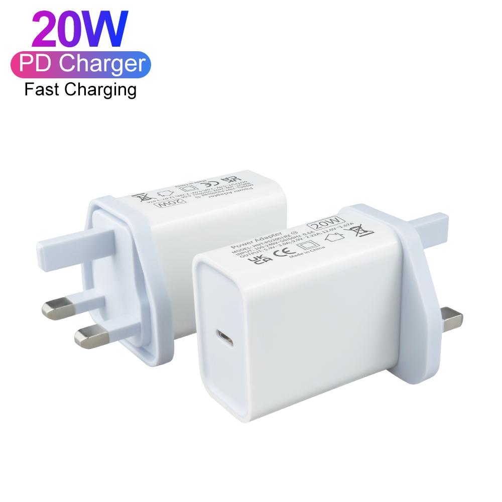 PD 20W Wall Power Adapter Charger Single USB Port Type C Smart Fast Charging Smart Phones ABS UK Plug UKCA
