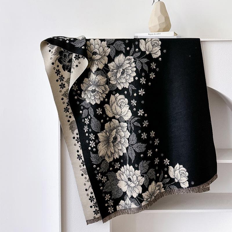 Retro Printing Flower Temperament Simple And Versatile National Style Scarf Shawl Cape Warm Jacquard Women'S High-End Trend