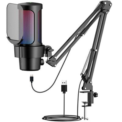Microfono USB per PC con braccio per podcast video, streaming, microfono a condensatore con disattivazione rapida dell'audio, spia luminosa RGB, supporto antiurto