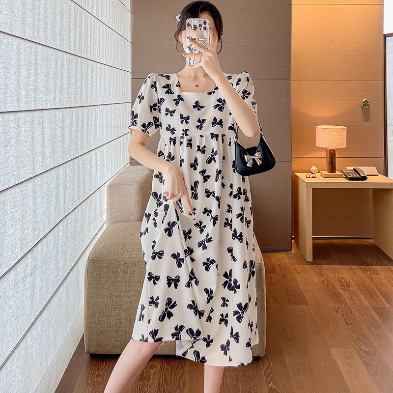 Plus Size Summer Maternity Dress: Square Neck, Butterfly Midi, Short Sleeve