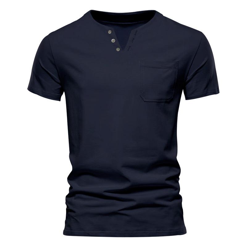 

Cross-border Summer Casual T-shirt Men s Fashion Trend Sports Slim Fit Solid Color V-neck Pocket Men s Half-sleeve Top Men s M