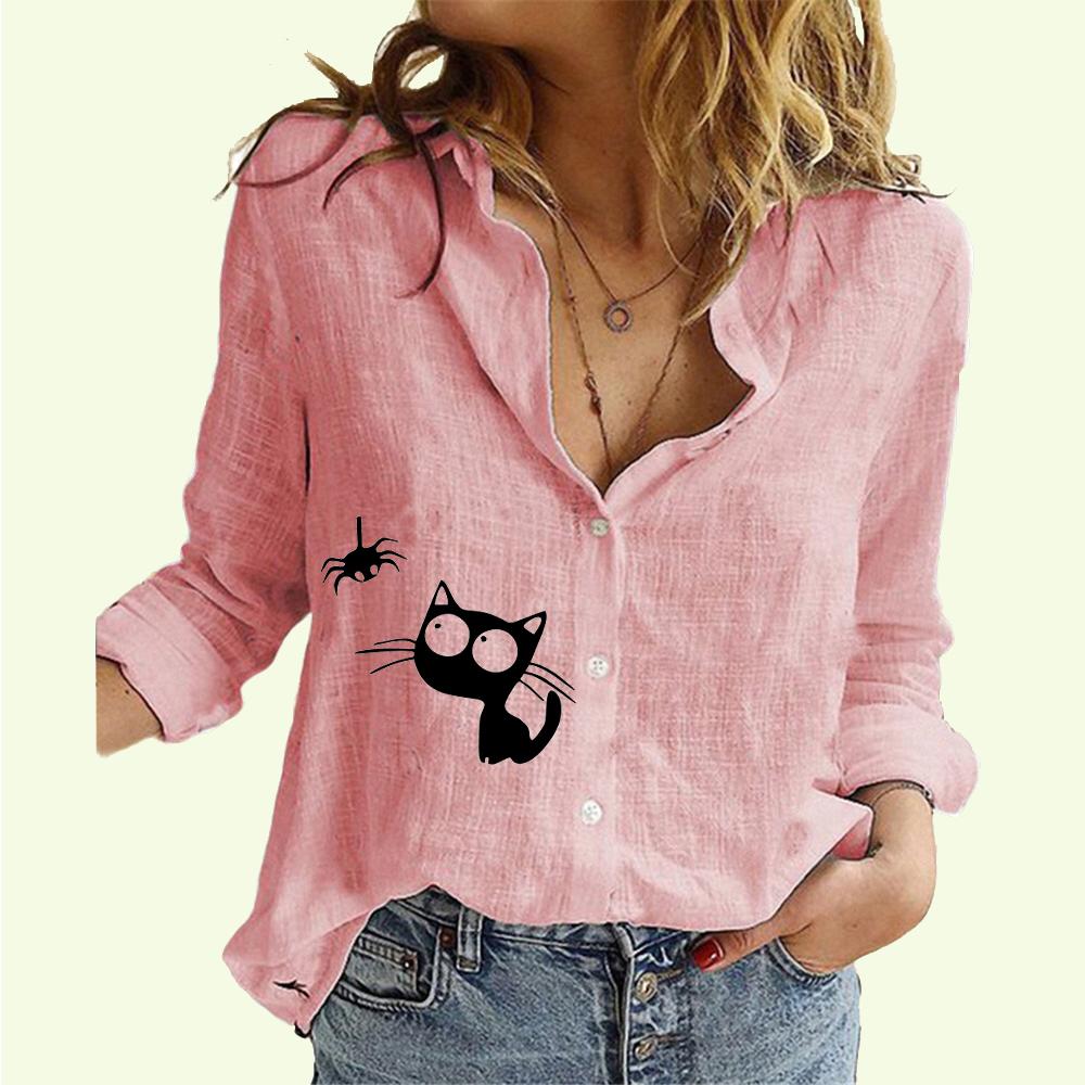Women Lapel Neck Fashion Shirt Spring&Autumn Cotton Linen Top Ladies Casual Summer Print Blouse