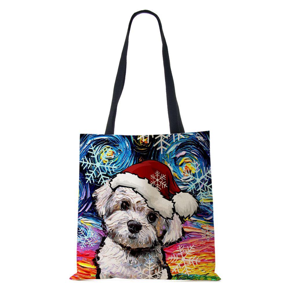 Christmas Dog Canvas Shopper Tote Bag Utskrift Harajuku Kvinner Gjenbrukbar skulderveske 2022 Casual Stor kapasitet sammenleggbar håndveske