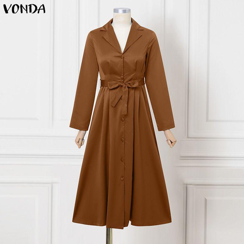 

VONDA Элегантное женское повседневное длинное офисное платье с лацканами, длинными рукавами, бантом и пуговицами 5XL коричневый