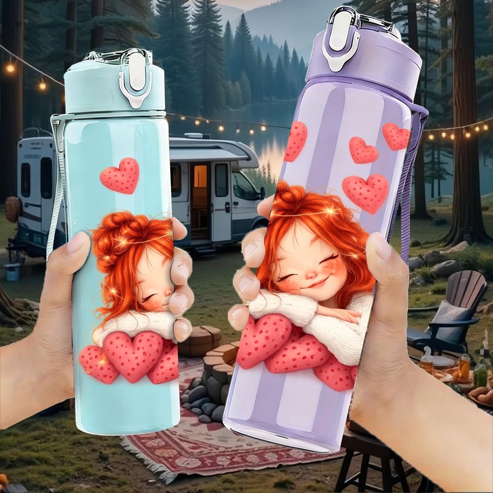 1PC Little Girl Lying With Floating Hearts Print 750ml Color Plastic Sports Water Bottle Leakproof Flip Straw Lid Suitable for Sports Office Home Use