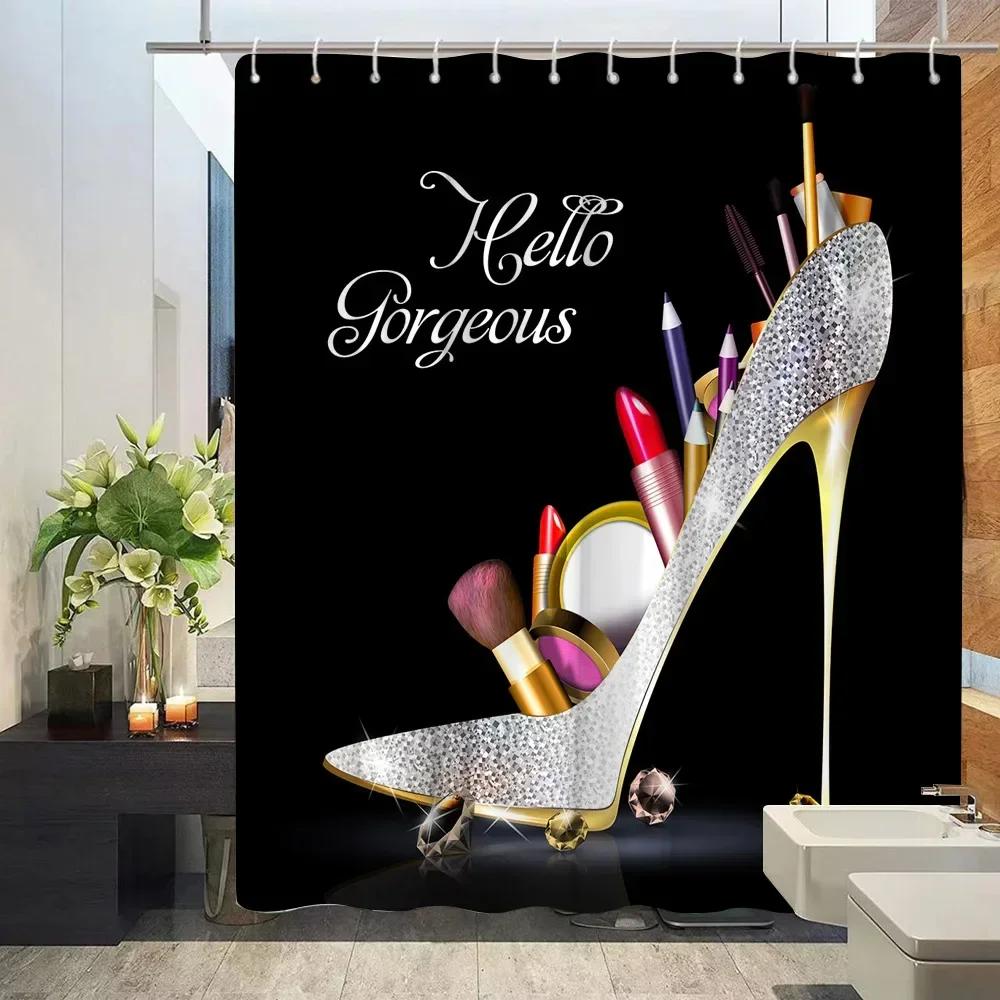 Cosmetic Perfume and Floral Shower Curtain and Rug Bathroom Set Flowers Heels Lipstick Home Cloth Hanging Curtain Bathroom Decor