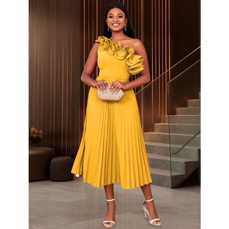 Women S One Shoulder Diagonal Collar High Waist Solid Color Pleated Midi Dress For Party Banquet