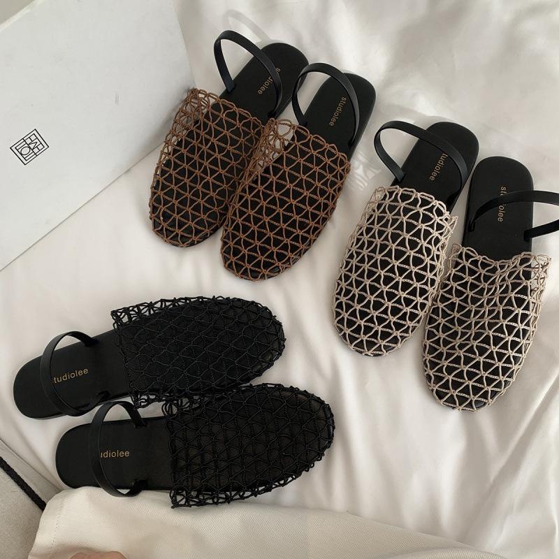 Sapatos rede de pesca nicho oco roupa exterior uma palavra com cabeça de saco sola plana chinelos frescos mulheres