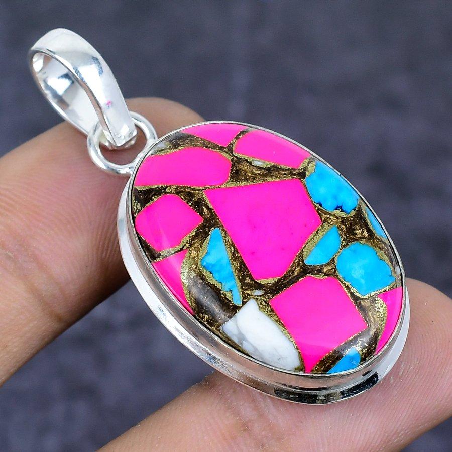 Natural Cotton Candy Turquoise 925 Sterling Silver Jewelry Pendant 1.97" ETC-13814