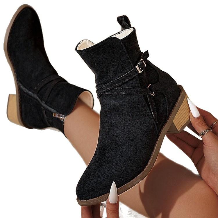 Large Size Round Head Square Heel Side Zipper Cigarette Boots Autumn New Metal Buckle Low Tube Women's Boots