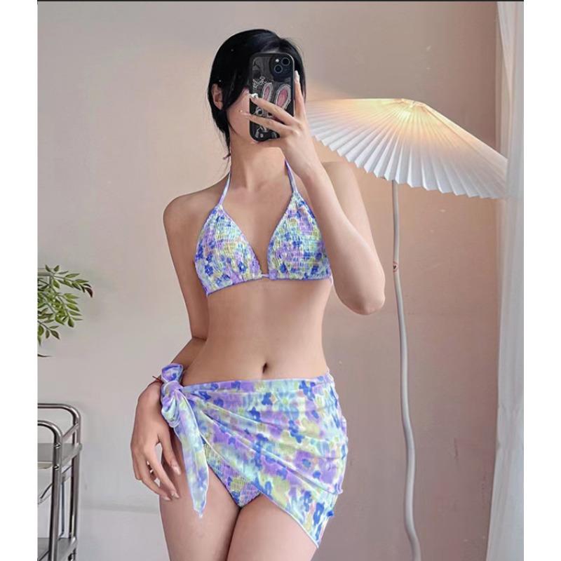 Damen S Sexy Frischer Bedruckter Gesplitteter Rock Stil Bikini Dreiteiliger Badeanzug