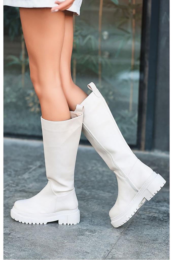 Cizme moderne și elegante pentru femei Ghete din piele artificială Mimas cu toc plat, fermoar lateral, cu șireturi, cizme până la genunchi