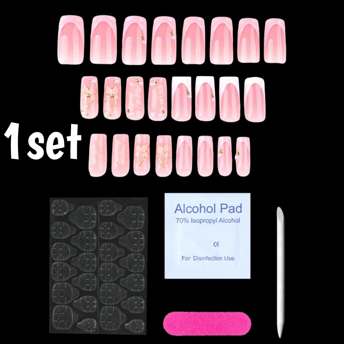 

24pcs Wearable Press on Nails French Flower Full Cover Fake Nail Pink Ripple Design False Nails for DIY Y2K Manicure Art