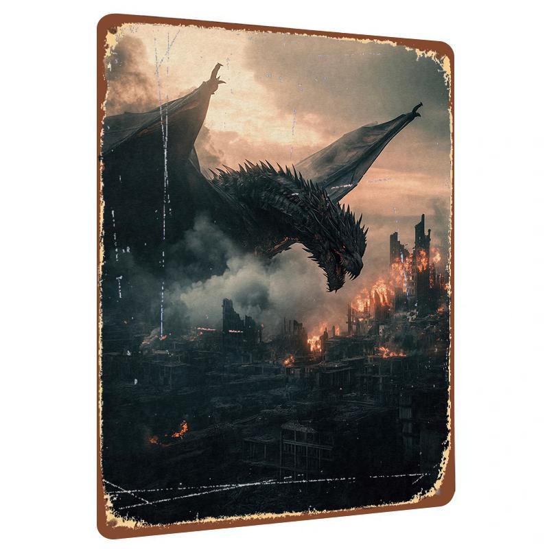 Epic Dragon Over Burning City Metal Wall Art Decorative Iron Painting Home Decoration