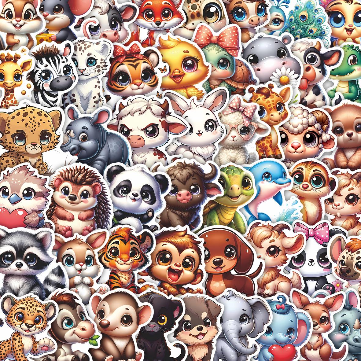 

50 Милых Наклеек с Животными с Большими Глазами для Чемоданов и Ноутбуков - Дизайны Тигра и Панды серый